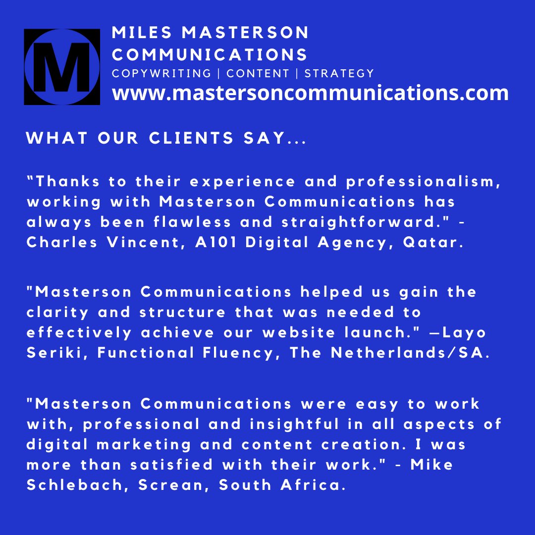 Do you need an agile, experienced content marketing contractor that can provide you with excellent content and communications work, at highly competitive rates? Miles Masterson Communications is open for new commissions. mastersoncommunications.com