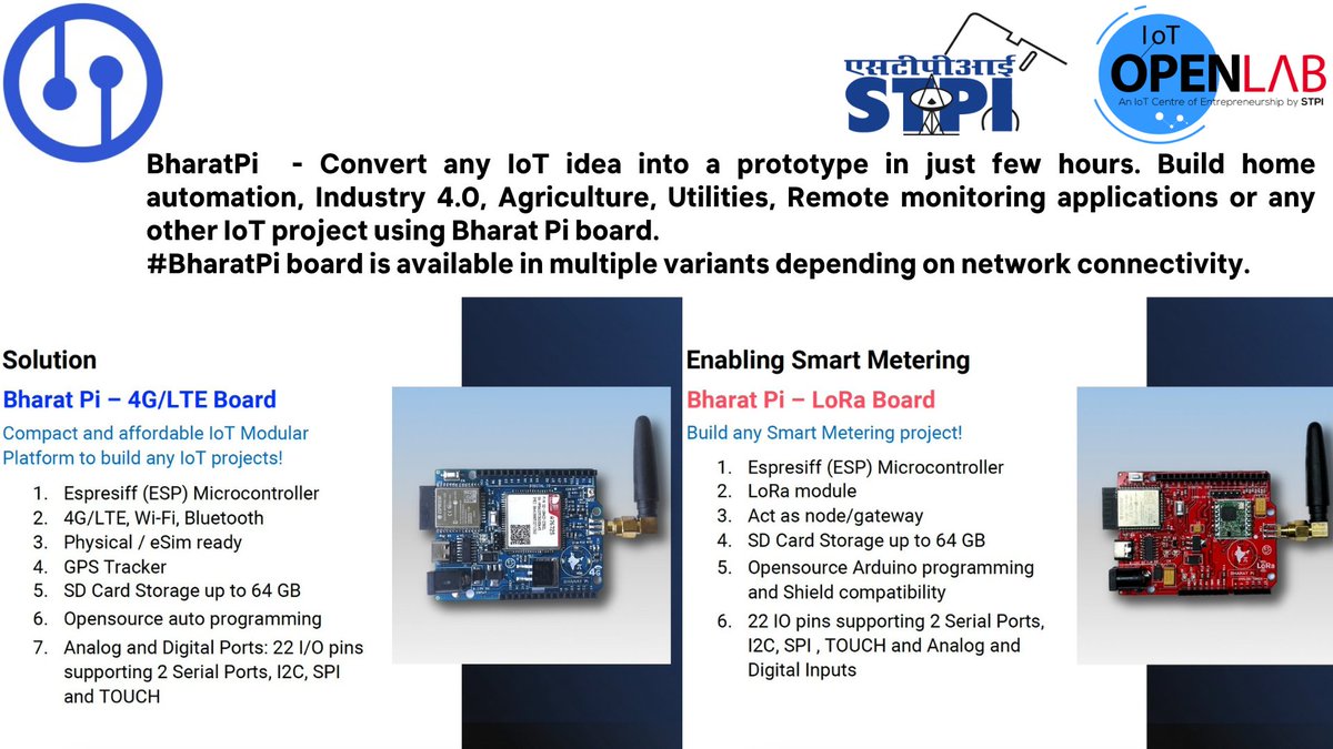 STPI_IoTOpenLab's tweet photo. Bharat_Pi is a single board available in multiple variants depending on network connectivity, 5G/4G/LTE, Wi-Fi, Bluetooth, LoRa, WiSun, Matter, Zigbee &amp; more. To know more about #BharatPi boards visit https://t.co/SgB0tWrPtp. Tested &amp; Proven @STPI_IoTOpenLab Bengaluru. @arvindtw https://t.co/ffut8nSL0N