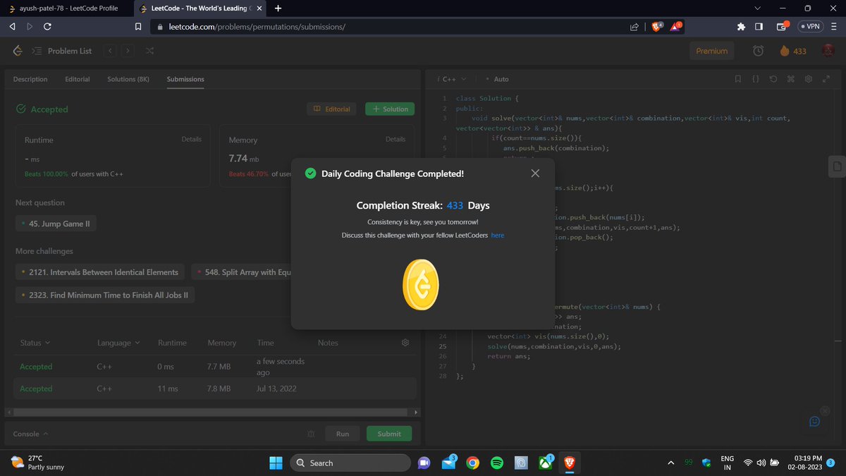 ayush_patel_78's tweet image. Day : 433 

Leetcode daily challenge completed. 
#100DaysOfCode #365DaysOfCode