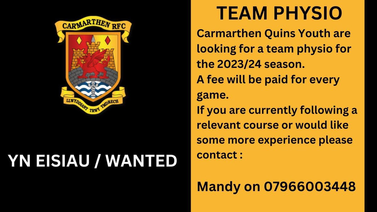 CarmQuinsRFC's tweet photo. Youth team Physio required https://t.co/nAmFIpOpIm