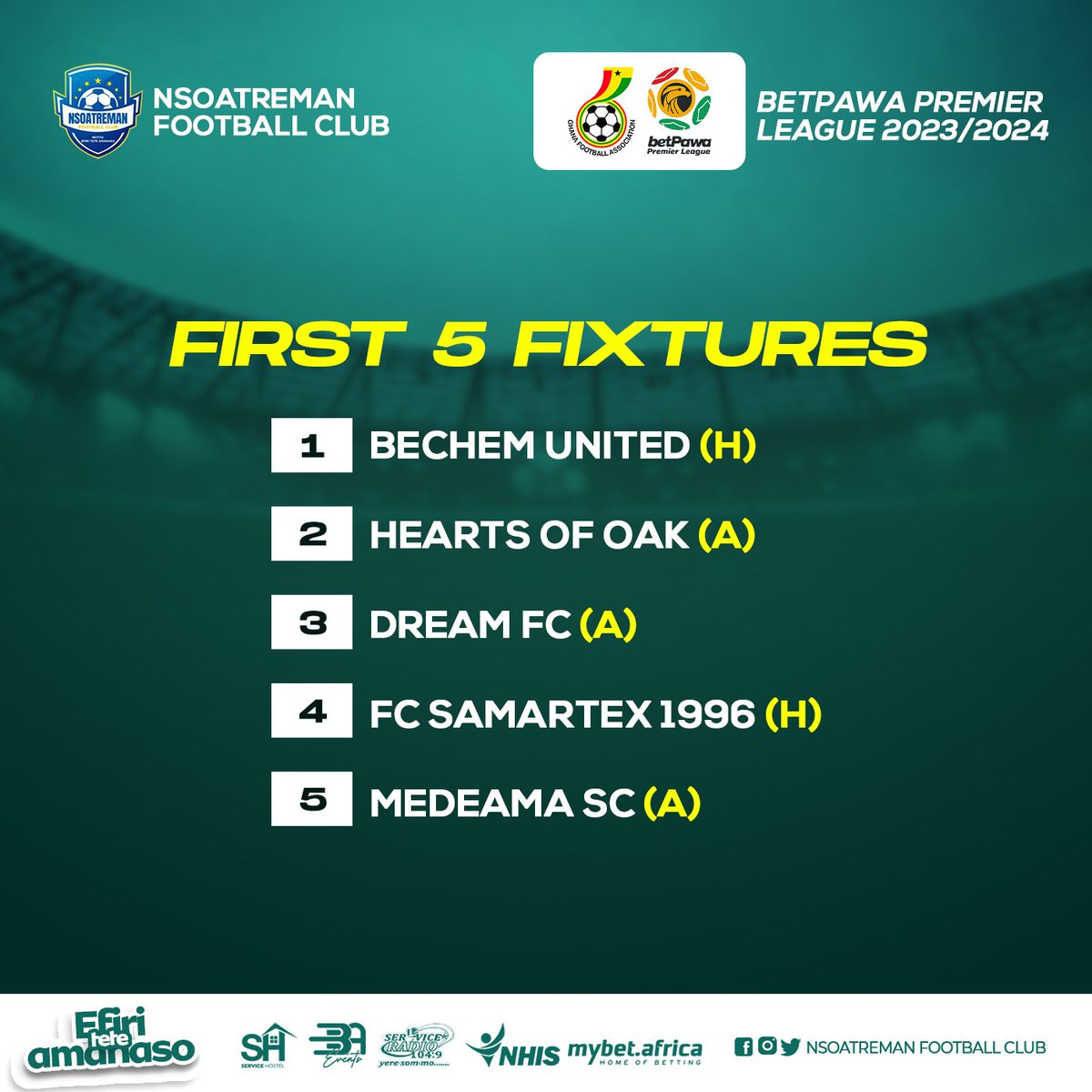 🚦🚦|| FIXTURES

Here Are Our First Five (5) Fixtures In The 2023/24 <a href="/GhanaLeague/">🇬🇭 Ghana Premier League</a>  Season.

How many points do you think we can accumulate from these games?

Predict and win a ticket to watch our 6th match.

<a href="/NHIS_Ghana/">NHIS Ghana</a>          <a href="/MybetAfrica/">MyBet.Africa</a>
