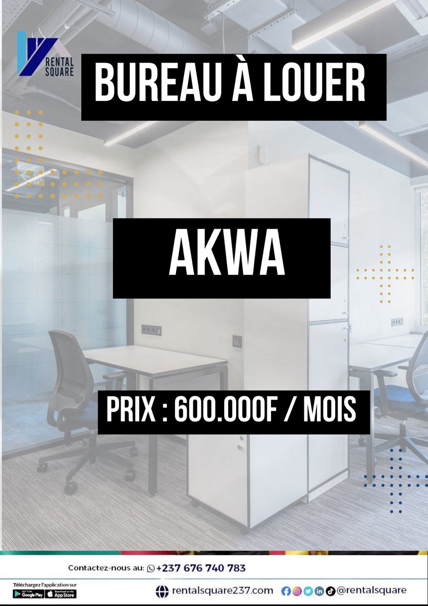 🔹🔹🔹 BUREAU A LOUER
 
📍à AKWA 

💰💰 Prix : 600.000 F/ mois

📞Tel : 676740783 (appels et whatsap)

#rentalsquare #realestatedouala #immobilier  #immobilier #immobilierbonapriso #boutiquealouer #bureaualouer #espacecommercial #boutique #bureau #serviceimmobilierakwa