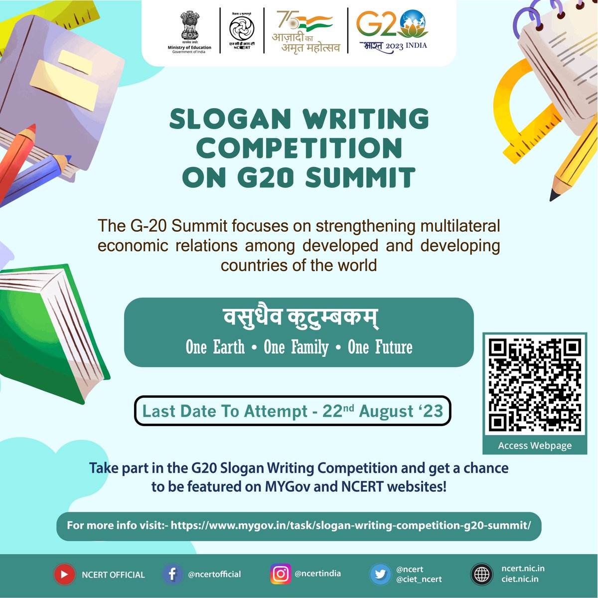 Participate in the Slogan Writing Competition and enhance your knowledge about the G20 Leaders' Summit. Tap into your creativity and get a chance to be featured on MYGov &amp; NCERT websites!
