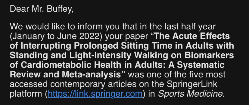 Great to hear that my first PhD publication was one of the five most accessed articles in @SportsMedicineJ, with >62,000 accesses! Excited to be in this growing field of physical activity🚶🏼‍♂️and sedentary behaviour 🪑. @mph8 @CKLangley95 @DrBPCarson @HRI_UL @PAfH_UL @PessLimerick