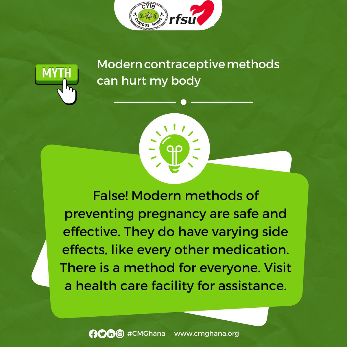 cmghana's tweet photo. Modern contraceptives aren't harmful! 

They are safe and effective, with some side effects like any medication.

Your perfect method is out there! Find what suits you best. 

#CMGhana #ContraceptionMyths #SafeAndEffective #ChooseWisely https://t.co/APPRzWNtAS