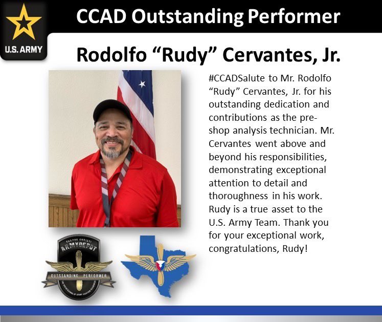 #CCADSalute to Rudy Cervantes, Jr. from the Directorate of Quality Management at the Depot. He is the CCAD Outstanding Performer for July!
#WeAreCCAD #CCArmyDepot #WorkForceWednesday #CCADOutstandingPerformer #WinningMatters #CCADstagram #AmericasAviationDepot #KeepTheArmyFlying!