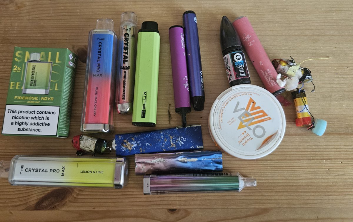 A small sample of what the users of disposable vapes leave on our streets

There are a couple of e-cig shops in out town centre - as far as I can tell they don't offer recycling. They should be compelled to do so.

#BanDisposableVapes
