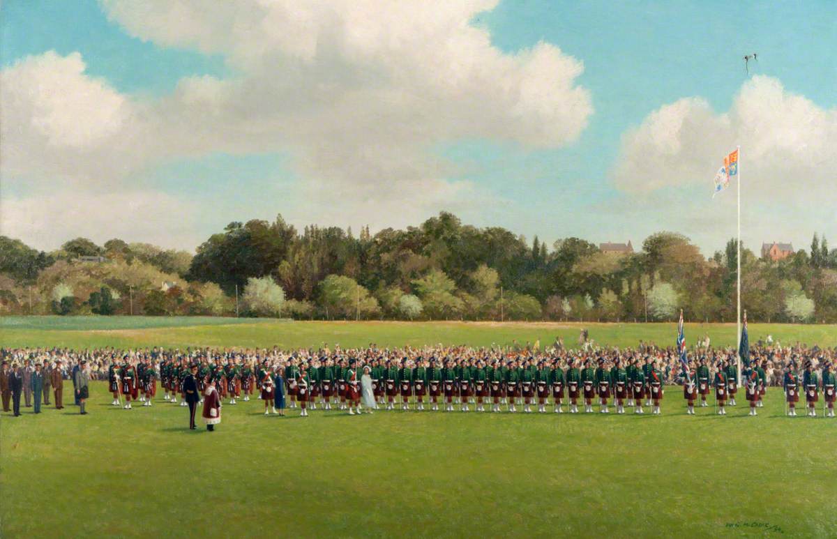'Her Majesty Queen Elizabeth the Queen Mother Inspecting the Parade on the Occasion of the Presentation of the Freedom of Inverness to the Regiment, 6 August 1954' by Ian Eadie

#OTD #OnThisDay
