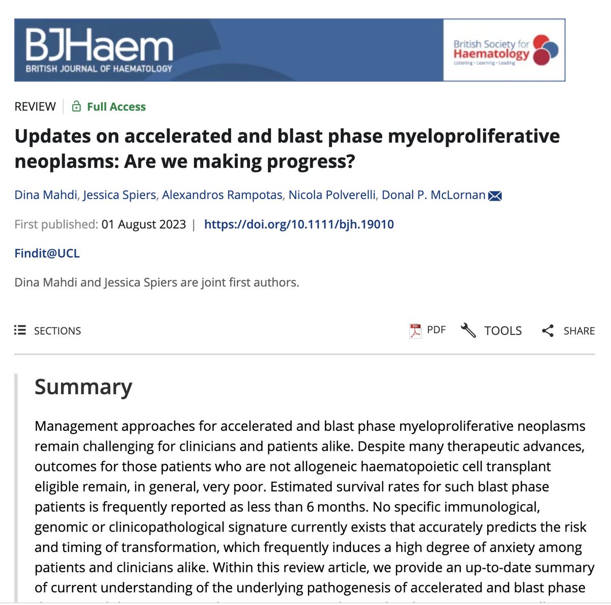 Very pleased to have contributed to this excellent review on blast phase Myelofibrosis led by @DrLornan onlinelibrary.wiley.com/journal/136521… Here, we try to depict the molecular underworks of myelofibrosis progression towards blast phase. Still much to learn and do #MedTwitter @BrJHaem