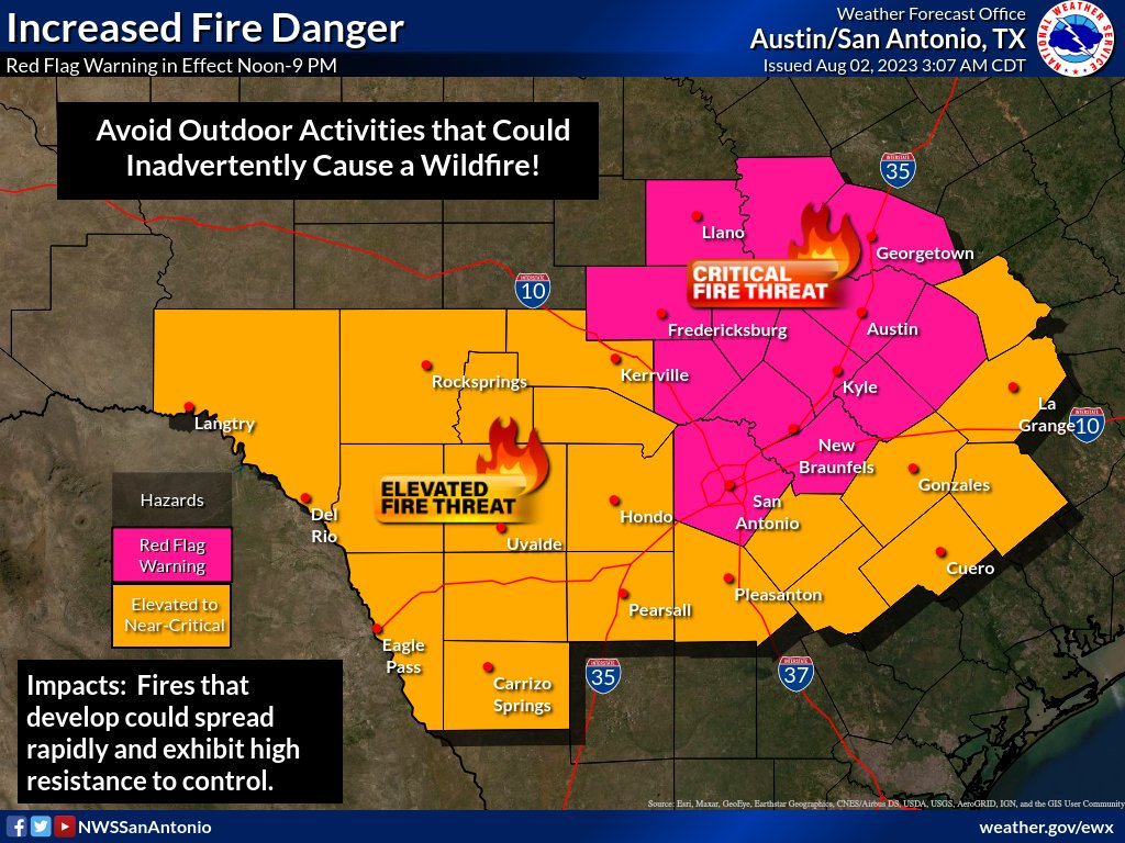 NWSSanAntonio's tweet photo. No changes to the Heat Headlines have been made for today; however, continued hot, dry, and occasionally breezy conditions are resulting in increased fire danger and a Red Flag Warning has been issued for portions of the area. Expect a similar theme through the next week. #txwx https://t.co/8ApAZMvMTs