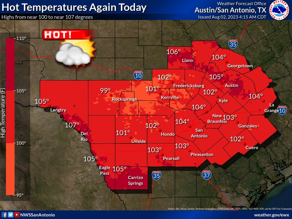 NWSSanAntonio's tweet photo. No changes to the Heat Headlines have been made for today; however, continued hot, dry, and occasionally breezy conditions are resulting in increased fire danger and a Red Flag Warning has been issued for portions of the area. Expect a similar theme through the next week. #txwx https://t.co/8ApAZMvMTs