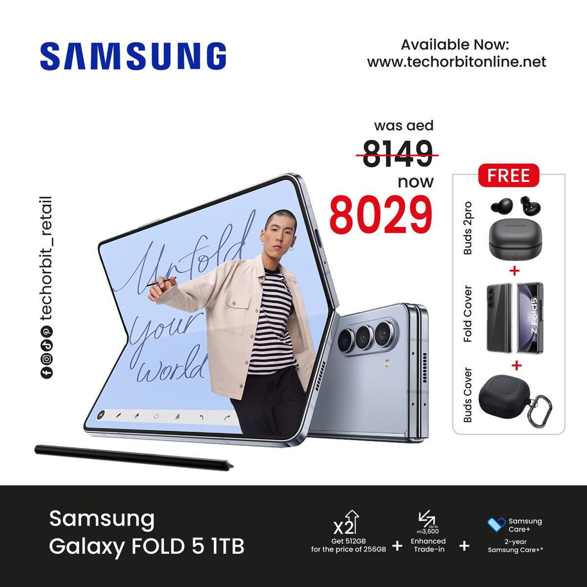 Techorbit2003's tweet image. Pre-order Samsung Galaxy Z Fold5 5G 256GB Smartphone + Samsung Buds 2 Pro 
Pre-order Samsung Galaxy Z Fold5 5G 1TB Cream Smartphone+Case+Buds2pro+Buds Cover 
techorbitonline.net
#techorbit #SamsungGalaxyZfold5 #fold5 #Samsung #fold5 #UAE