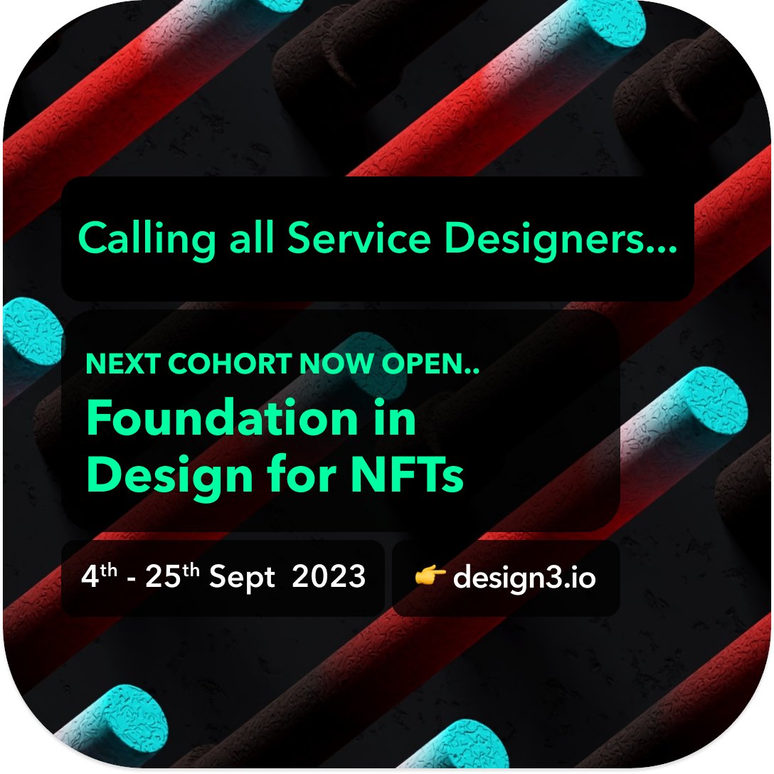 Design3_network's tweet photo. New cohort is now open!
Design, launch and mint your first NFT collection. Taught by the incredibly talented @shreya_bhan
✅ 4 weeks, part time
✅ Online and self-paced
✅ Packed with resources
Limited seats, book seat here 🪑
https://t.co/1ewD49EyQa
#NFT #design3 https://t.co/Mal0ZLDaPQ