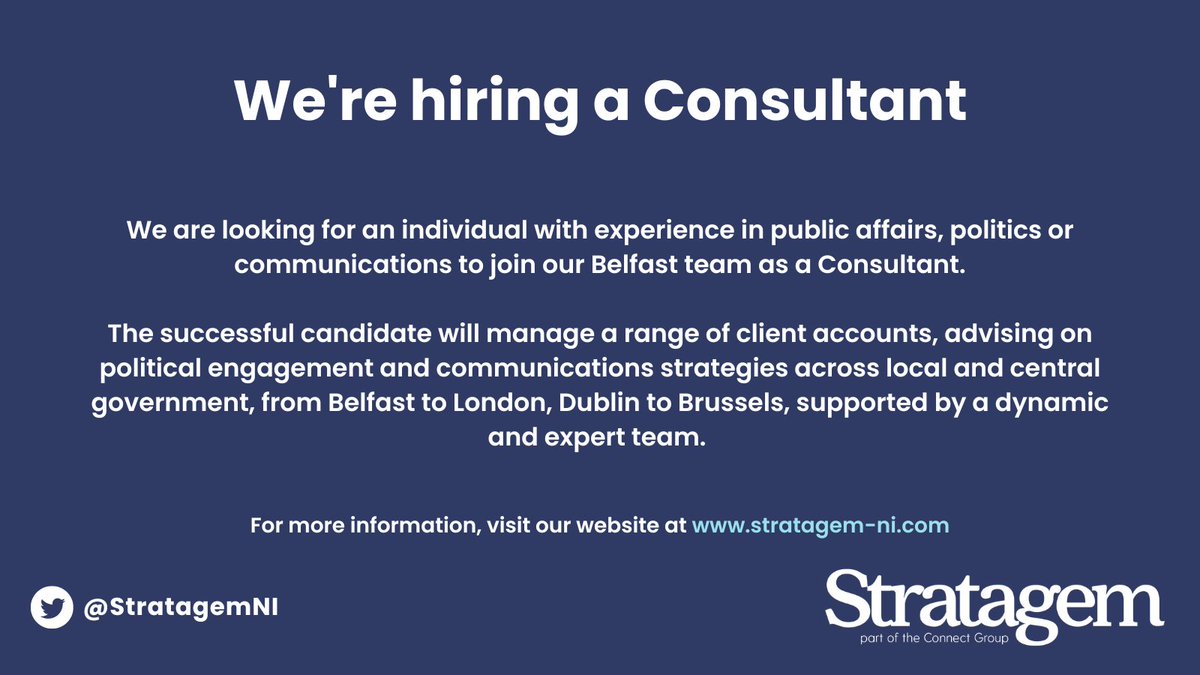 ConnectBelfast's tweet photo. 📢 We're hiring!

We are looking for an individual with experience in public affairs, politics or communications to join our team as a Consultant.

For a full job description and details on how to apply see our website https://t.co/wQNLlpTRp9 https://t.co/7C2fWNWHnP