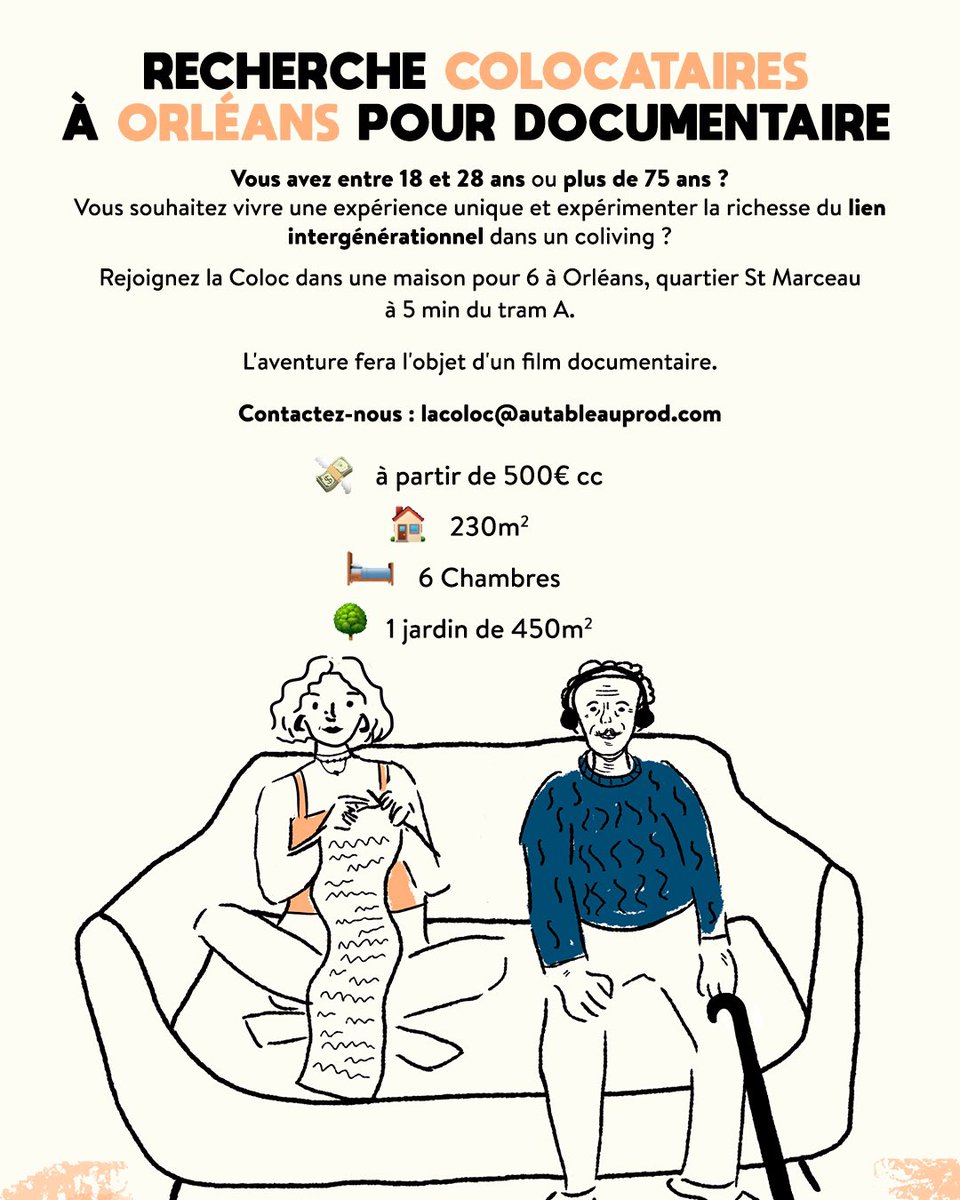 AuTableauProductions (@autableauprod) on Twitter photo Pour notre prochain documentaire La Coloc, nous sommes à la recherche de 3 seniors et 3 jeunes qui souhaitent rejoindre une colocation intergénérationnelle à Orléans ! 🏠
N’hésitez pas à partager l’info et si vous êtes intéressés, contactez-nous à : lacoloc@autableauprod.com 📧 Pour notre prochain documentaire La Coloc, nous sommes à la recherche de 3 seniors et 3 jeunes qui souhaitent rejoindre une colocation intergénérationnelle à Orléans ! 🏠
N’hésitez pas à partager l’info et si vous êtes intéressés, contactez-nous à : lacoloc@autableauprod.com 📧