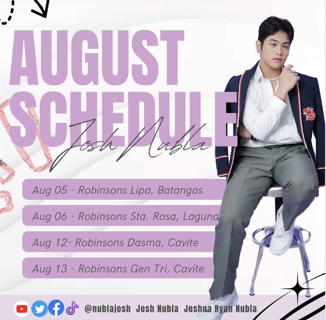 TenderJoshieOfc's tweet photo. ‼️[AUGUST SCHEDULE] ‼️

Look out for Josh Nubla's events happening this August! 💚

follow him for more updates! 💜 

see youu there mga ka-hakdogss. https://t.co/nPOVKUeejn