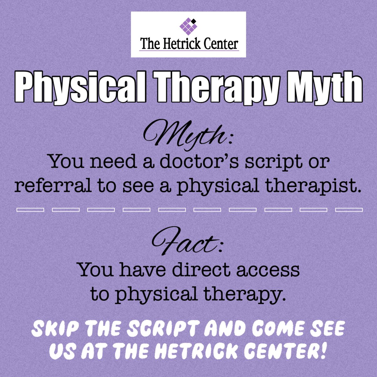 HetrickCenter's tweet image. Most insurances allow you to see a #physicaltherapist without a script or referral through #directaccess #TheHetrickCenter #physicaltherapy