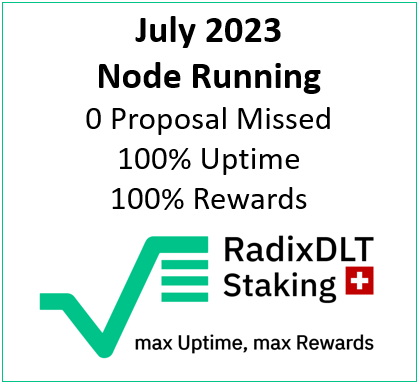 Kesswitz's tweet photo. Another successful month of Node Running is in the books!
✅0 missed Proposal and hence 100% Rewards for our delegators in July!
👉https://t.co/AbMGl2PMle
$XRD $XSE #XSEED #RadixDLTStaking #FullCommitment https://t.co/Qb1S5llxEW