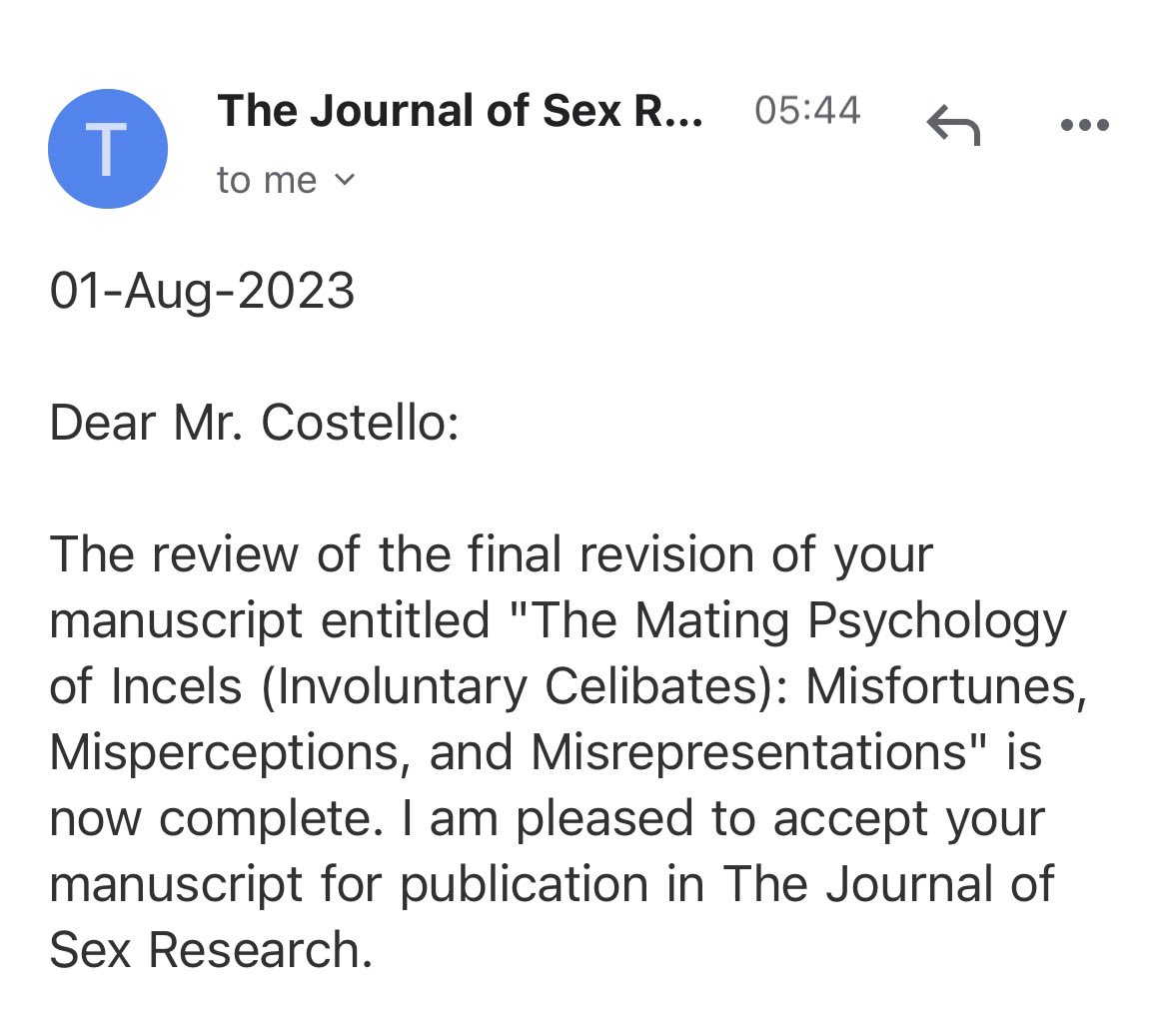 You simply love to see it 😎

Coming soon to The Journal of Sex Research: The Mating Psychology of Incels.

Thanks to editor in chief @cygraham_graham, associate editor @LuciaOSullivan1, the reviewers & my coauthors @Vani_Rolon @DrThomasAG  & @PsychoSchmitt 

#JSexResearch