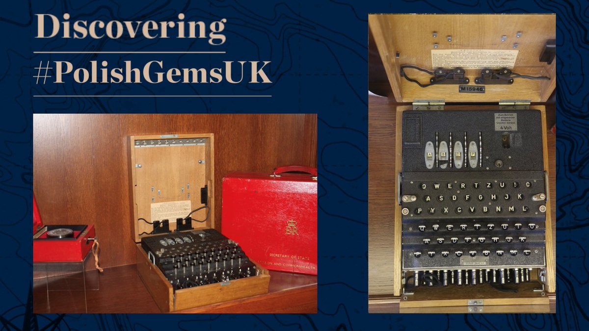 PolishEmbassyUK's tweet photo. #DidYouKnow that standing next to the #Enigma machine at the FCDO building is an acknowledgment of Polish contribution to breaking the machine's cypher? #PolishGemsUK #WWII #EnigmaRelay https://t.co/P1qukNKFUL