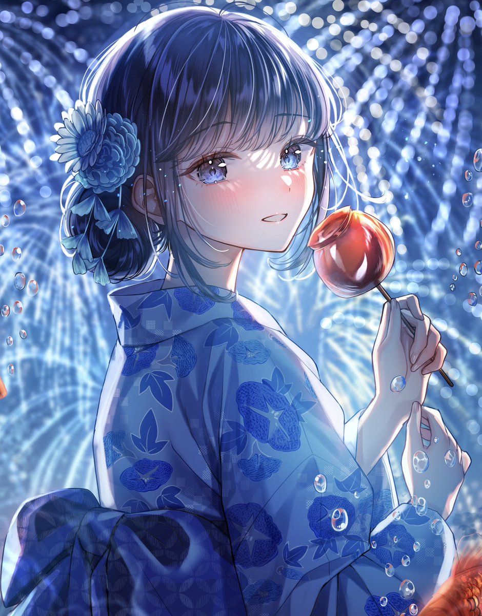 1girl japanese clothes food candy apple kimono fireworks solo  illustration images