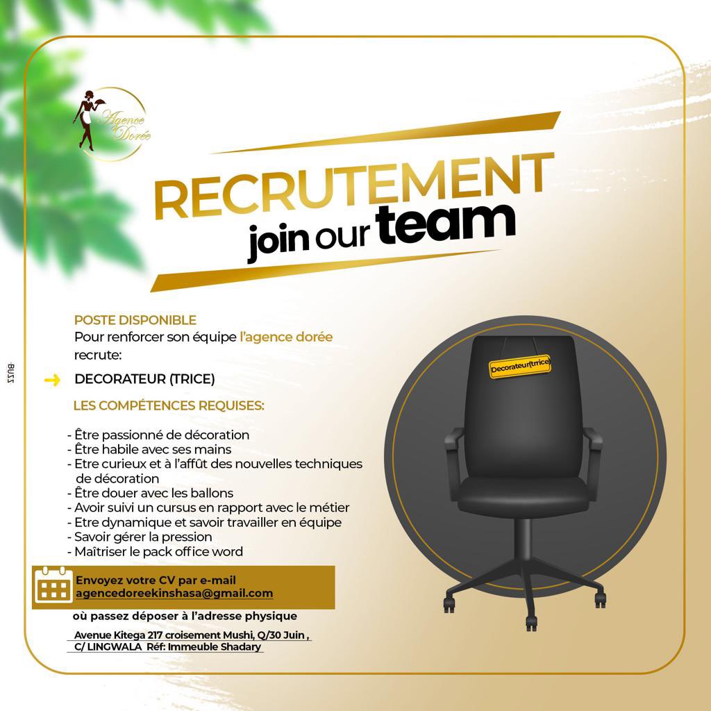 AgenceDoreEvent's tweet photo. Nous recrutons 👌🏽✨

Pour tenter votre chance, suivez les instructions sur le flyer. Bonne chance à tous. 

#evenementiel #decoration #recrutement #kinshasa https://t.co/GFcZFMpHqb