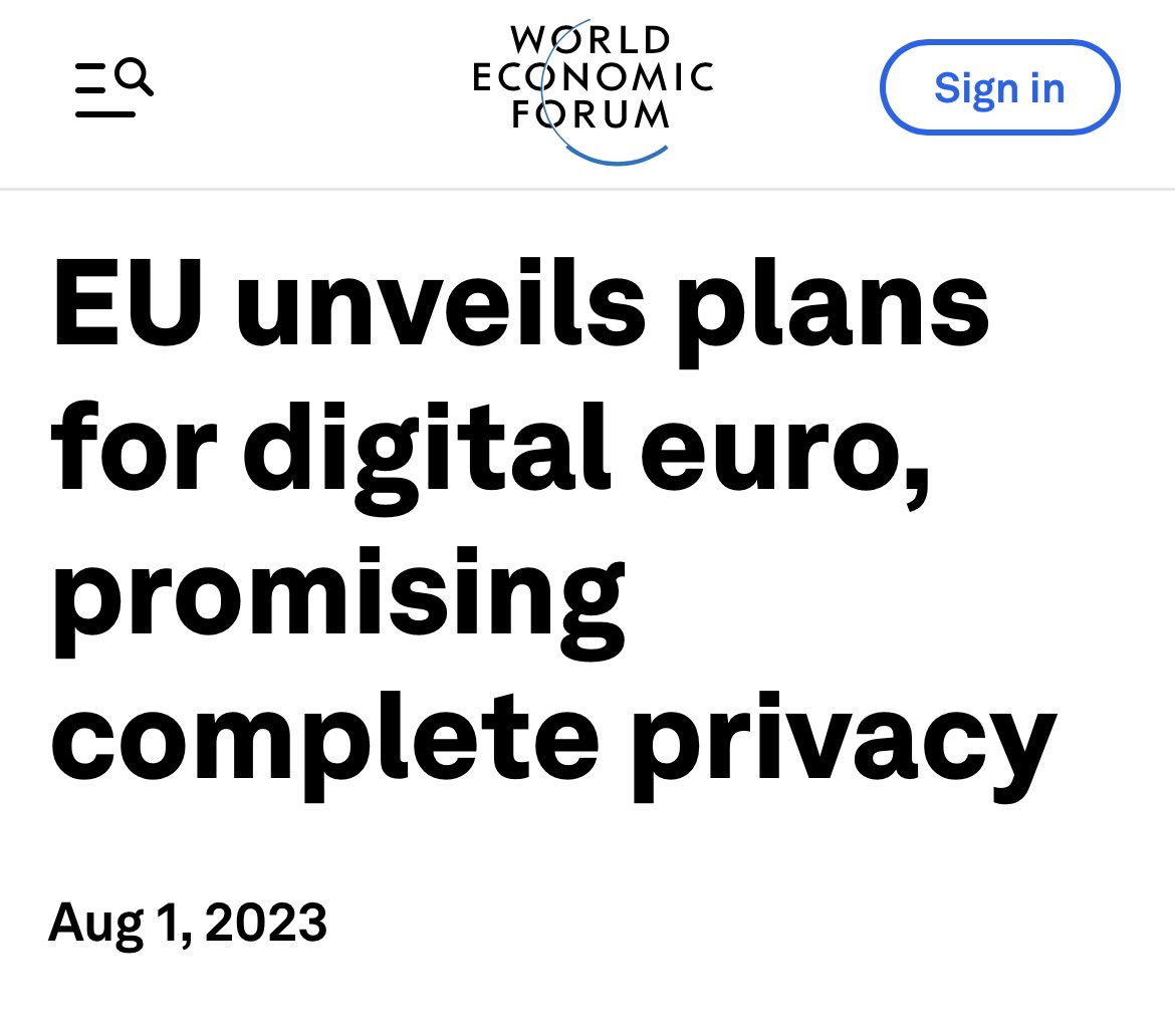 JUST IN: World Economic Forum says a 🇪🇺 Euro #CBDC “can help safeguard  public money in the face of a surge in cryptocurrencies like #Bitcoin.” 👀😮