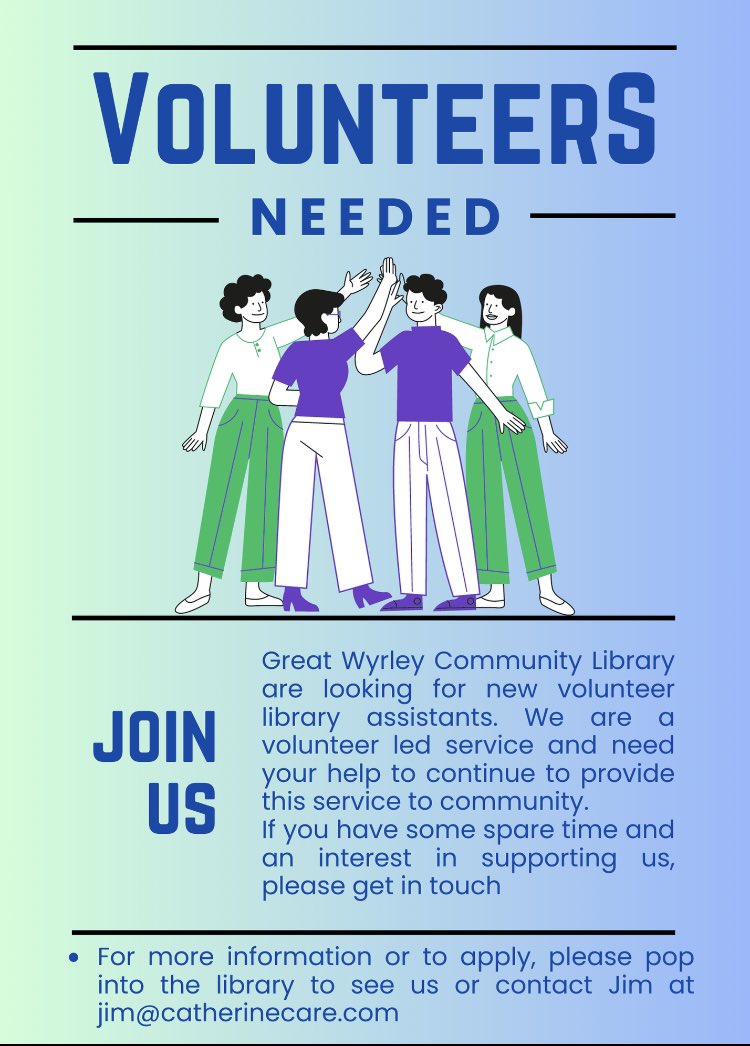VOLUNTEERS NEEDED! 

Great Wyrley Community Library is currently looking for some new and enthusiastic people to join our volunteer team! 

#staffordshirelibraries #volunteering #staffordshire #greatwyrley