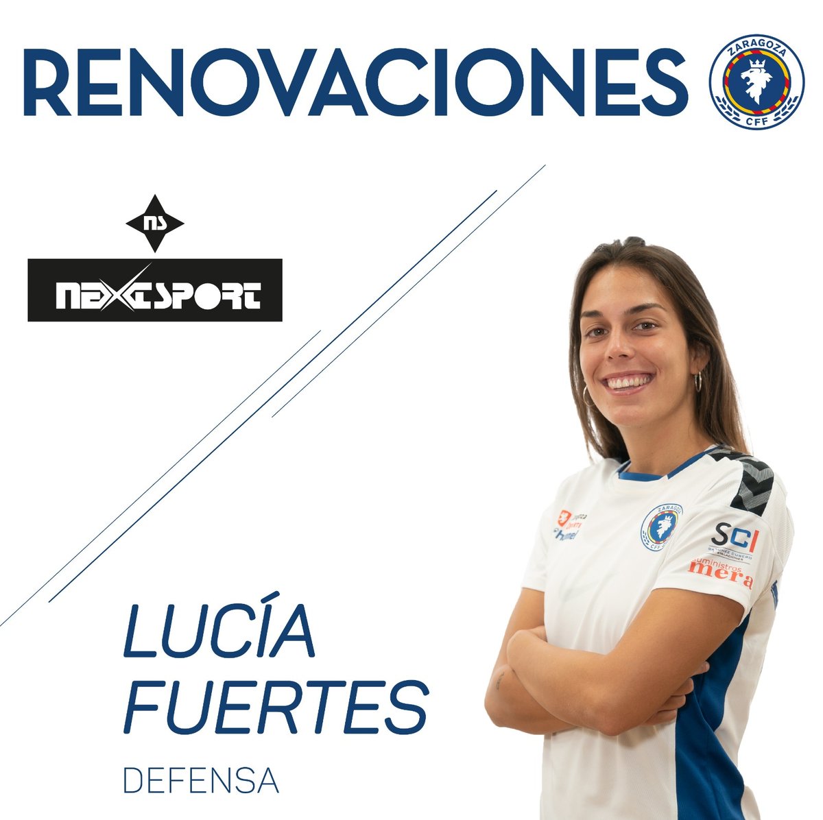 🔵⚽️⚪  Una de las capitanas, <a href="/Lucia25820/">Lucia Fuertes</a>, renueva por una temporada más. Un curso que Lucía afrontará con especial ilusión después de la rotura de ligamentos que la apartó de los terrenos de juego

🤝 Y junto con Lucia, renueva como patrocinador #NextSport

#zaragozacff💙
