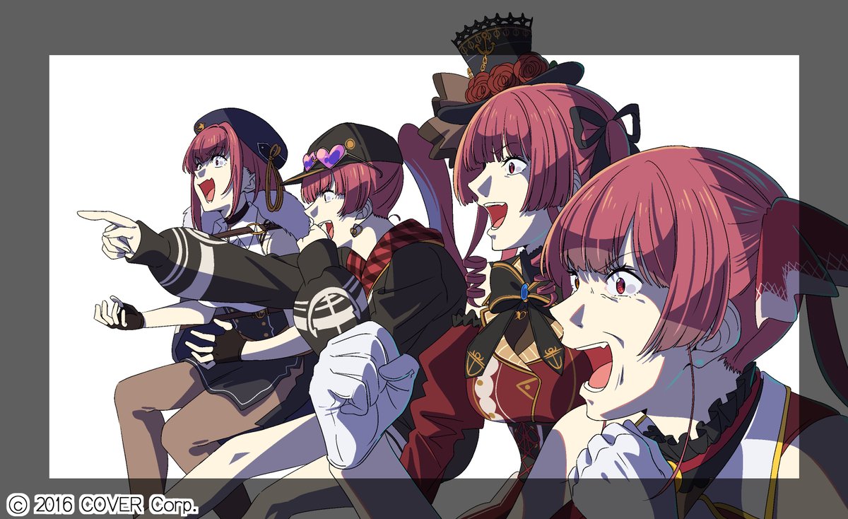 houshou marine hat red hair twintails gloves red eyes multiple persona pointing  illustration images