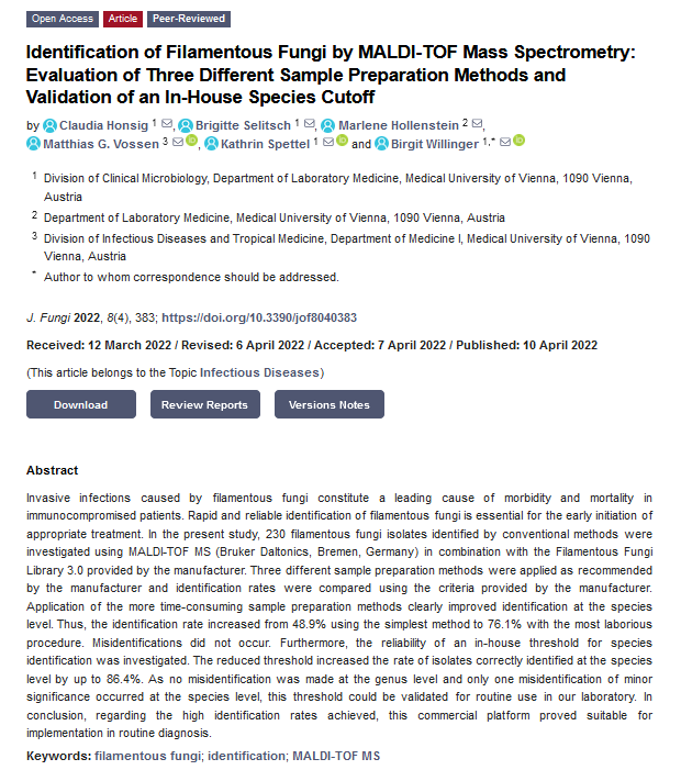 JoF_MDPI's tweet photo. 🆕Read more about a widely used technique for accurate identification of fungi
❗️Identification of #Filamentous #Fungi by #MALDI-TOF Mass Spectrometry: Evaluation of Three Different Sample Preparation Methods and Validation of an In-House  Species Cutoff
🔎https://t.co/abmlzz3Bxq https://t.co/FDyL0PcvQP