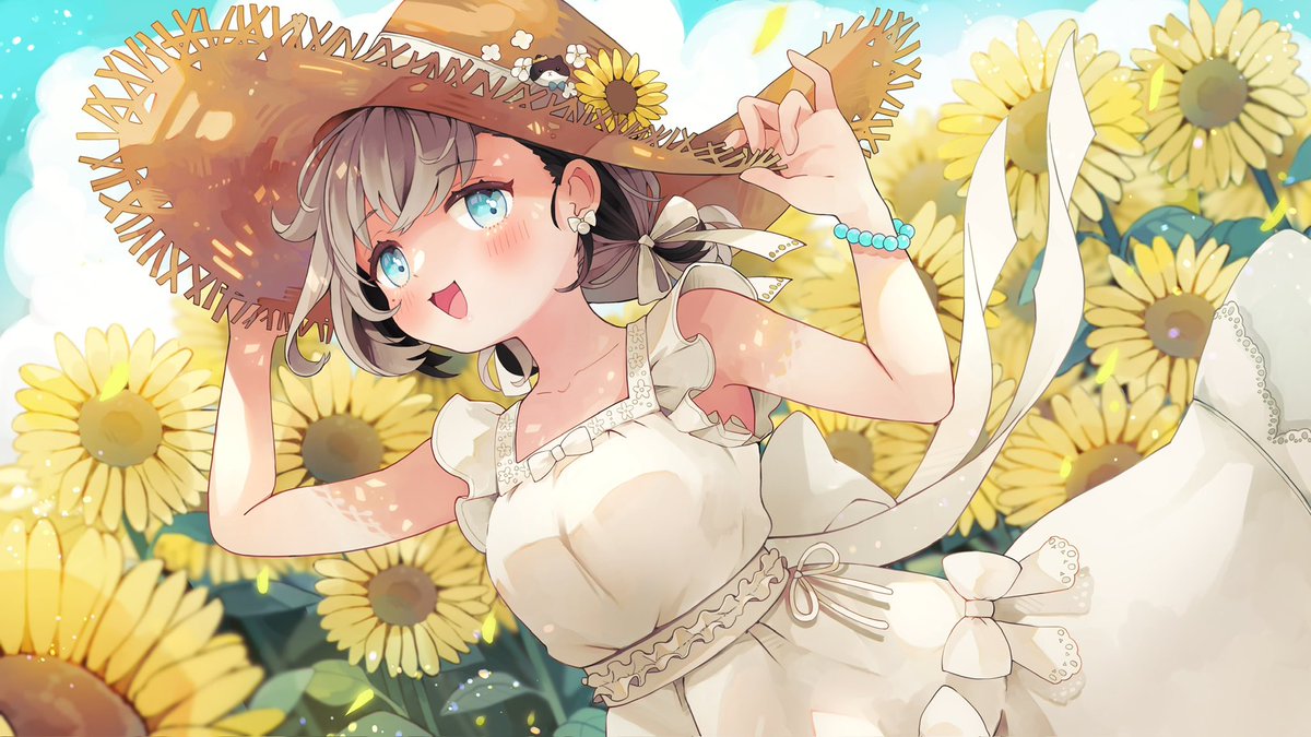 1girl hat flower dress sunflower solo straw hat  illustration images
