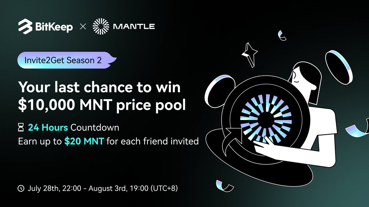 BitgetWallet's tweet photo. 💜x🖤 Join the #BitKeep and @0xMantle campaign to share $10,000 #MNT!

⏳ FINAL 24 hours! The second "Invite2Get" is ending soon.. Invite your friends and share $10,000 MNT. Reward up to $20 MNT for every 1 friend you invite! 
👉 Participate now: https://t.co/tsq4r9N9B0

🧵 (1/2) https://t.co/pYp0BQ0Pbp