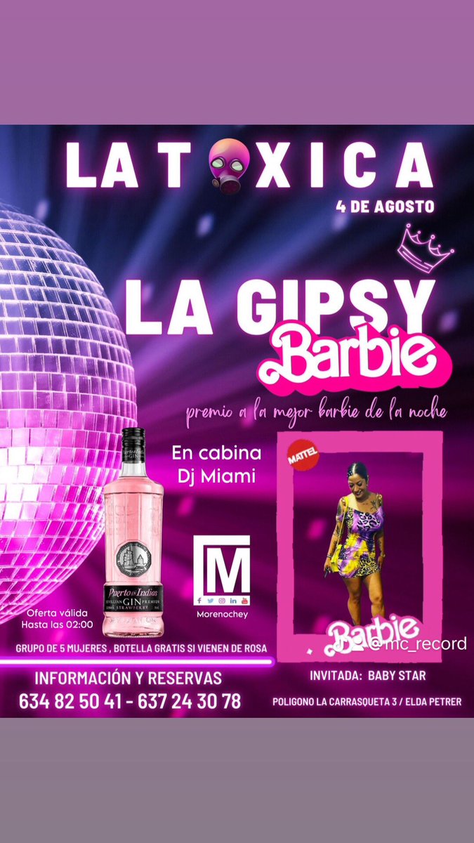 morenochey's tweet image. •LA GIPSY BARBIE•
Este viernes 4 agosto no te lo puedes perder.
Grupos de cinco #chicas botella gratis 
Premio ala mejor #Barbie de la noche 
Influencer invitada:  @babystarcuentaoficial 
#latoxica 
#petrer 
#elda 
#novelda 
#aspe
#elche 
#gipsy
#barbieparty
