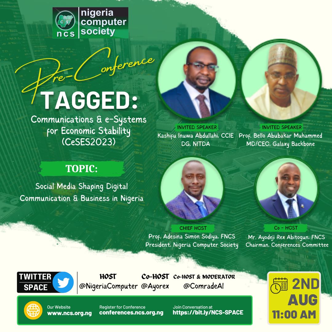 NigeriaComputer's tweet photo. 🎉 We're live and buzzing with energy! 📷
Join us now on Twitter Space for the NCS International Conference as we delve into CeSES2023  📷📷
Hurry, click the link below to be a part of the action: Twitter Space Link: wYdqoeGQ…
#NCSConference #LiveNow #TwitterSpace https://t.co/pPo0DZSOXw