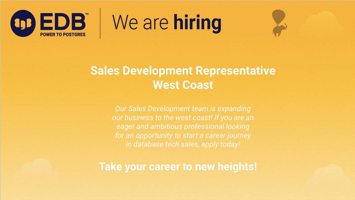 The EDB Sales Development team is hiring on the west coast! 🗺⬅ 🐘 okt.to/CKQ7z2 

#EDBisHiring #SDRjobs #CareersatEDB