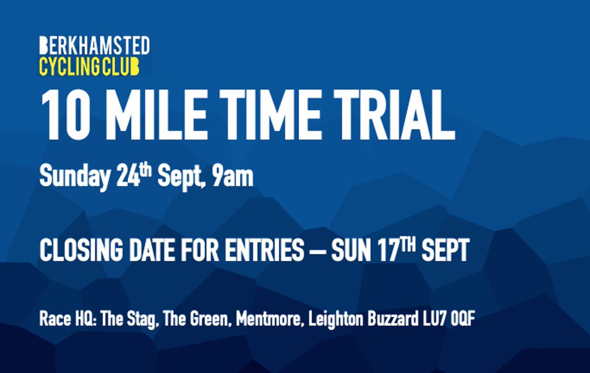 Give your summer riding some focus. Get ready for our 10 Mile Time Trial. Sunday 24th September 2023.

Entries are open and details can be found here: cyclingtimetrials.org.uk/race-details/2…