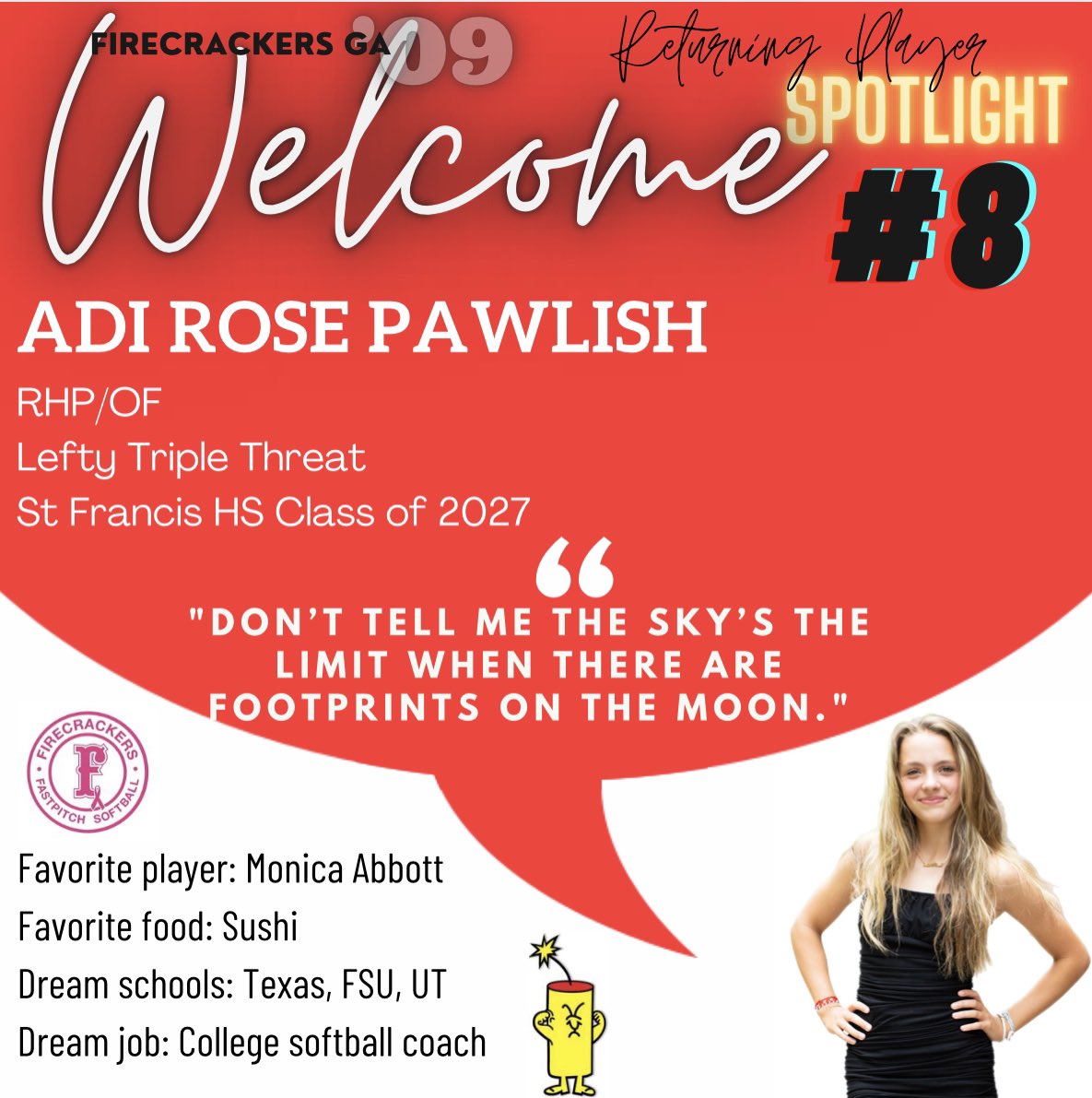🚨Roster Announcement🚨
We are excited to welcome <a href="/AdiRosePawlish/">Adi Rose Pawlish ‘27</a> back to our squad. This St Francis C/O 2027 athlete is a phenomenal OF and RHP who is a lefty triple threat.🥎🧨💪
<a href="/FirecrackersGe1/">Firecrackers Georgia</a> <a href="/Firecrackersinc/">Firecracker Softball</a> <a href="/SoftballDown/">Down South Softball</a> <a href="/SBRRetweets/">Softball Recruiting Reposts</a> <a href="/TAProfileAPP/">TAP APP</a> <a href="/IHartFastpitch/">I❤️Fastpitch</a>