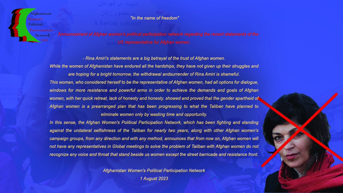 NoTalibann's tweet photo. Rina Amiri's statements are a big betrayal of the trust of Afghan women. 
 1 August 2023 https://t.co/GGn3JoxvVe
