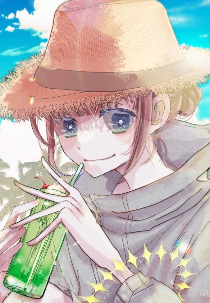 1girl hat solo smile straw hat brown hair drinking straw  illustration images