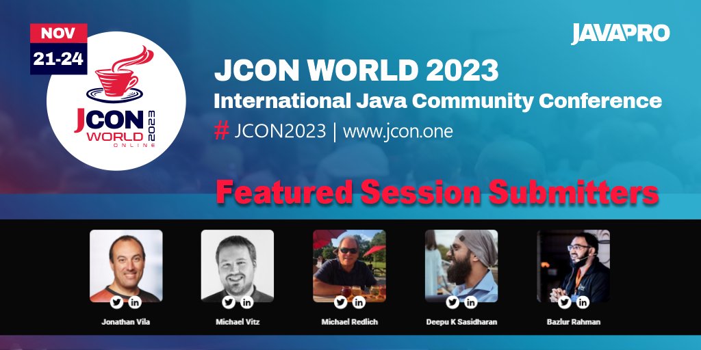 Thx to our featured session submitters @vilojona @michaelvitz @mpredli @deepu105 & @bazlur_rahman for your great abstracts! We´ll publish the #JCON2023 session program on Sept 1. #TechConference #Java #OnlineConference

Get your Early Bird Ticket & save: 2023.world.jcon.one/tickets