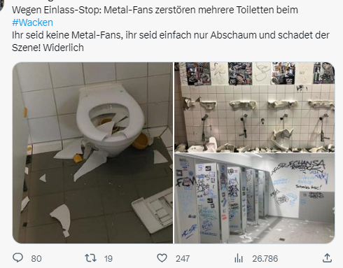 OgRD_Buendnis's tweet photo. Die braun-blaue Bubble läuft mal wieder zu Höchstform auf und verbreitet #Fake-News 
Ziel sind diesmal die friedliebenden #Wacken-Fans. Hier haben sich nicht etwa frustrierte Metal-Fans ausgetobt, sondern Fußball-Fans vom FC Erzgebirge Aue. 

https://t.co/DXTT6XP7Hz https://t.co/NJ29nD1m6d