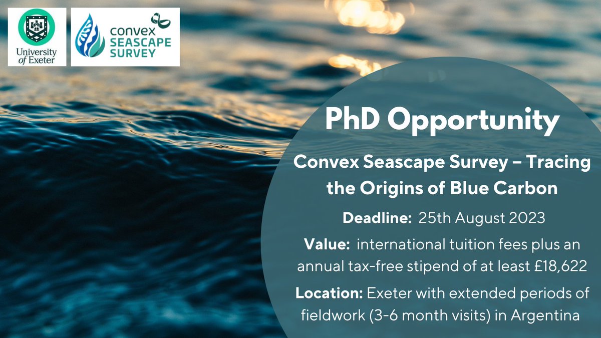 Fully funded #phd opportunity focusing on #bluecarbon with @ConvexSeascape, @UniofExeter & partners in Argentina. International, EU or UK applicants - all fully funded. Particularly keen for Spanish & English speakers. Come join us! Please RT exeter.ac.uk/study/funding/… 🔁