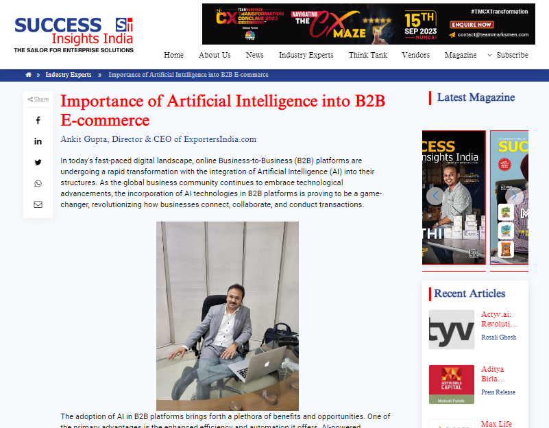 ExportersIndia's tweet photo. The Significance of Artificial Intelligence in B2B E-commerce
https://t.co/oiSFJ0mLON
#AIinB2B #EcommerceRevolution #SmartSelling #AIAdvantage #CustomerPersonalization #PredictiveAnalytics #EnhancedCustomerService #SupplyChainOptimization #DataDrivenInsights #B2BInnovation https://t.co/kRapWD87Fb