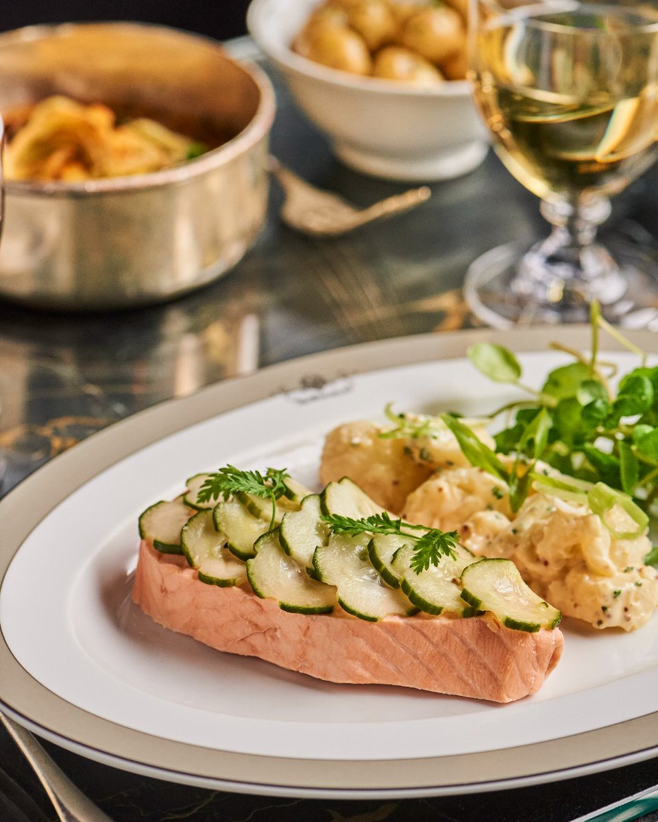 New to the lunch menu; Poached Fillet of Salmon with potato salad and watercress