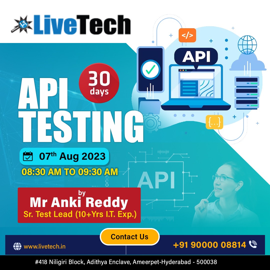 LiveTechTesting's tweet image. Are you ready to become a pro at API testing? We are excited to announce the commencement of our latest API Testing Training batch, designed to equip you with the skills needed to excel in the world of software quality assurance.
Please visit our website :livetech.in