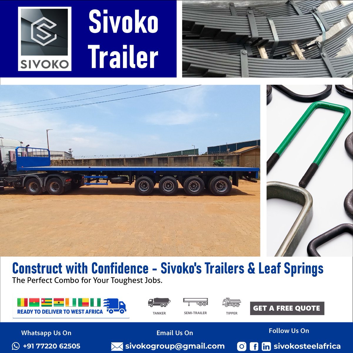 Sivoko Trailers and Leaf Springs - Unleashing Your Journey with Unyielding Confidence.

Whatsapp us: +917722062505
Email us: Sivokogroup@gmail.com

#sivokoflatbedtrailers #transportationsolutions #heavydutyhauling #reliabletransport