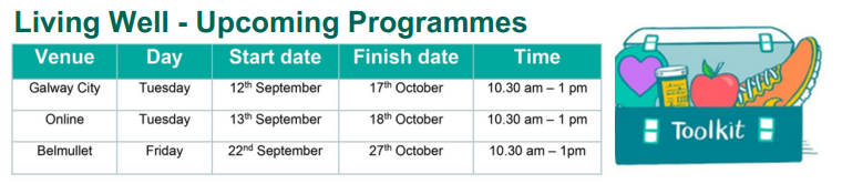 HealthyGalway's tweet photo. Living Well is a free programme to help people manage long-term health conditions.

These include asthma, chronic
obstructive pulmonary disease, diabetes, heart
conditions and stroke.

For more info, or to book a place, contact Liam on 086 0142675 / email lgildea@southmayo.com https://t.co/f17SNd1NPV