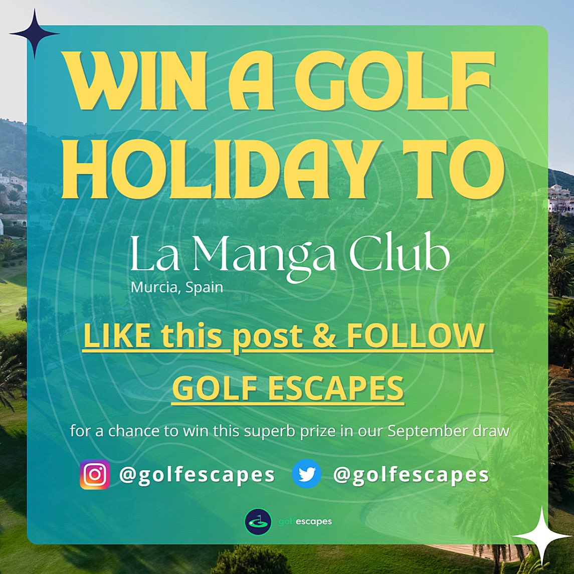 WIN 2️⃣ Nights &amp; 2️⃣ Rounds of golf at the famous Grand Hyatt La Manga Club Golf &amp; Spa. 🇪🇸

To enter this comp LIKE this post &amp; FOLLOW GOLF ESCAPES @golfescapes on Twitter and Instagram! 

The prize draw will take place on the 1st of September 2023. T&amp;Cs apply. 🎟️

<a href="/grandhyattLMC/">Grand Hyatt La Manga Club Golf & Spa</a>