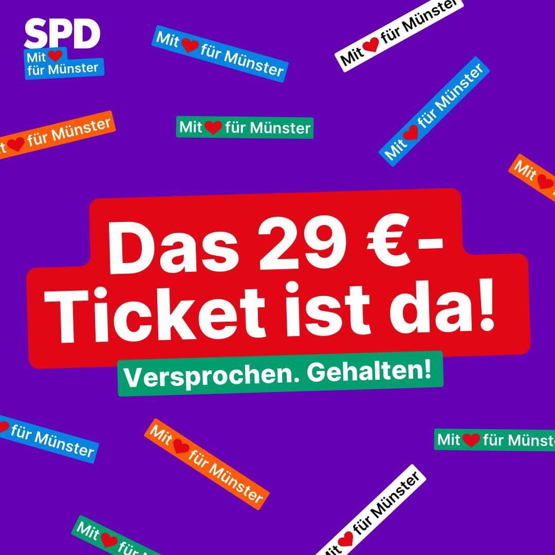 NoahBoernhorst's tweet image. Gestern ist das 29-Euro-Ticket für #Münster an den Start gegangen. Damit bekommt Münsters ÖPNV endlich eine attraktive Ticketstruktur. Das war uns als @spdmuenster ein wichtiges Anliegen.
#ratms